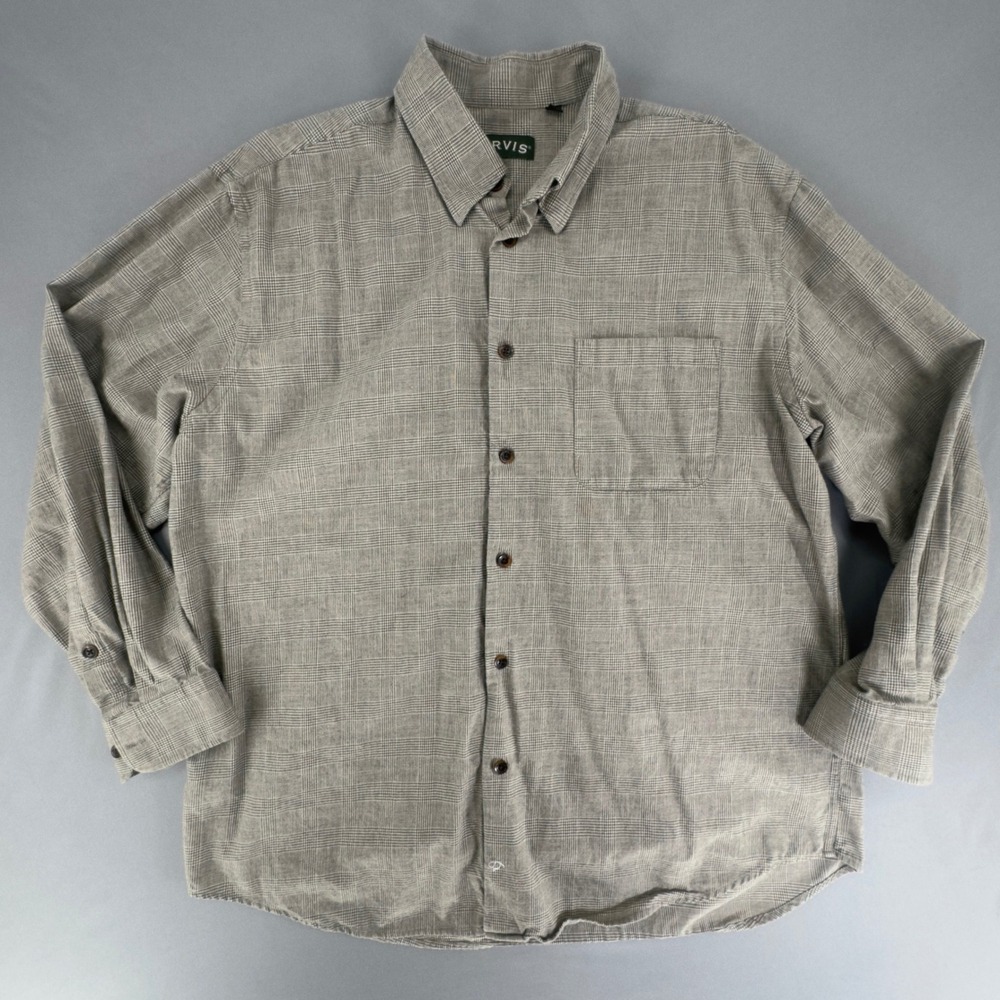 Orvis Mens XL Glen Plaid Cotton Wool Blend Button Down Shirt Grey 2JYY